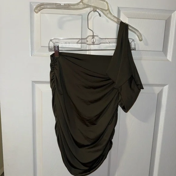 Olive Green One Shoulder Sleeveless Cutout Ruched Bodycon Mini Club Dress - XL 💚 - Picture 7 of 12